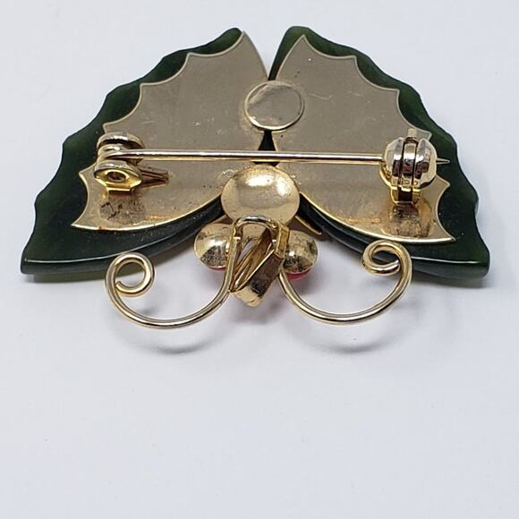 Gold-tone & Faux Jade Green Stone Red Eye Butterfly Brooch - Picture 7 of 8
